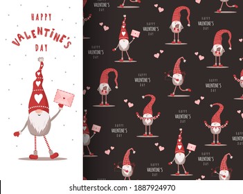 Valentines day card with gnome in red hat. Cute scandinavian elves on seamless pattern. Vector illustration in cartoon style. Nordic design for postcard, textile, wrapping paper, poster, wallpaper.