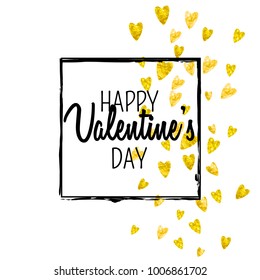 Valentines day card with gold glitter hearts. February 14th. Vector confetti for valentines day card template. Grunge hand drawn texture. Love theme for flyer, special business offer, promo.