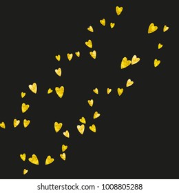 Valentines day card with gold glitter hearts. February 14th. Vector confetti for valentines day card template. Grunge hand drawn texture. Love theme for party invite, retail offer and ad.