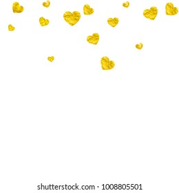 Valentines day card with gold glitter hearts. February 14th. Vector confetti for valentines day card template. Grunge hand drawn texture. Love theme for flyer, special business offer, promo.