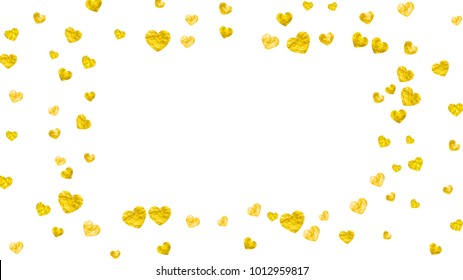 Valentines day card with gold glitter hearts. February 14th. Vector confetti for valentines day card template. Grunge hand drawn texture. Love theme for party invite, retail offer and ad.