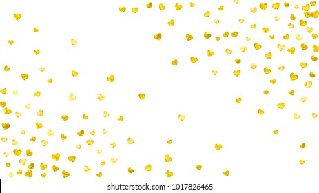 Valentines day card with gold glitter hearts. February 14th. Vector confetti for valentines day card template. Grunge hand drawn texture. Love theme for flyer, special business offer, promo.