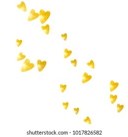 Valentines day card with gold glitter hearts. February 14th. Vector confetti for valentines day card template. Grunge hand drawn texture. Love theme for poster, gift certificate, banner.