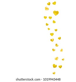 Valentines day card with gold glitter hearts. February 14th. Vector confetti for valentines day card template. Grunge hand drawn texture. Love theme for gift coupons, vouchers, ads, events.