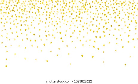 Valentines day card with gold glitter hearts. February 14th. Vector confetti for valentines day card template. Grunge hand drawn texture. Love theme for flyer, special business offer, promo.