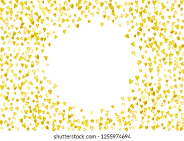 Valentines day card with gold glitter hearts. February 14th. Vector confetti for valentines day card template. Grunge hand drawn texture. Love theme for flyer, special business offer, promo.
