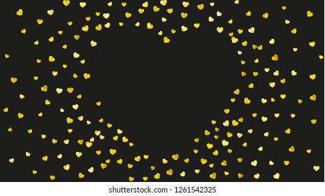 Valentines day card with gold glitter hearts. February 14th. Vector confetti for valentines day card template. Grunge hand drawn texture. Love theme for special business offer, banner, flyer.