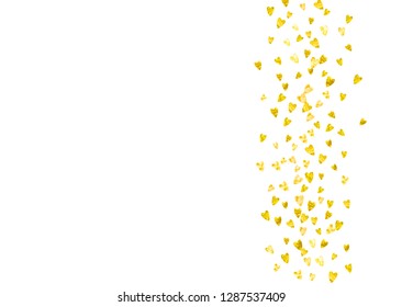Valentines day card with gold glitter hearts. February 14th. Vector confetti for valentines day card template. Grunge hand drawn texture. Love theme for party invite, retail offer and ad.
