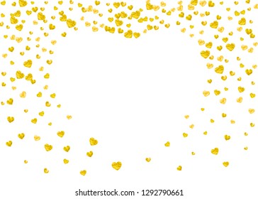 Valentines day card with gold glitter hearts. February 14th. Vector confetti for valentines day card template. Grunge hand drawn texture. Love theme for flyer, special business offer, promo.