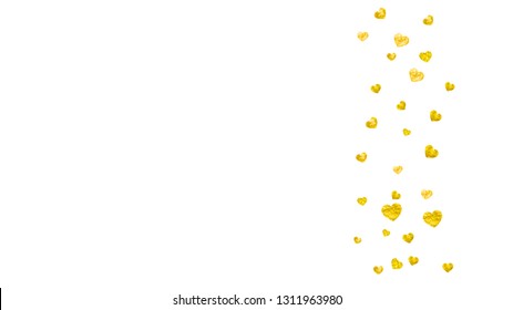Valentines day card with gold glitter hearts. February 14th. Vector confetti for valentines day card template. Grunge hand drawn texture. Love theme for poster, gift certificate, banner.