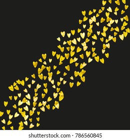 Valentines day card with gold glitter hearts. February 14th. Vector confetti for valentines day card template. Grunge hand drawn texture. Love theme for voucher, special business ad, banner.