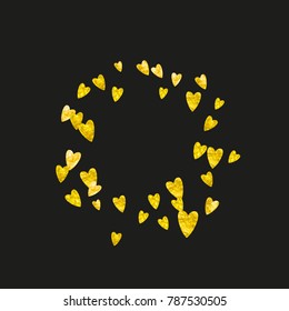 Valentines day card with gold glitter hearts. February 14th. Vector confetti for valentines day card template. Grunge hand drawn texture. Love theme for poster, gift certificate, banner.