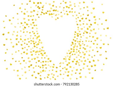 Valentines day card with gold glitter hearts. February 14th. Vector confetti for valentines day card template. Grunge hand drawn texture. Love theme for gift coupons, vouchers, ads, events.
