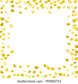 Valentines day card with gold glitter hearts. February 14th. Vector confetti for valentines day card template. Grunge hand drawn texture. Love theme for gift coupons, vouchers, ads, events.