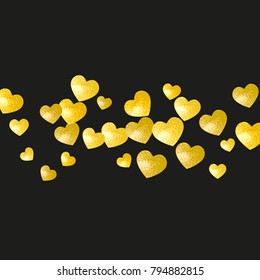 Valentines day card with gold glitter hearts. February 14th. Vector confetti for valentines day card template. Grunge hand drawn texture. Love theme for special business offer, banner, flyer.
