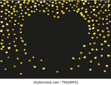 Valentines day card with gold glitter hearts. February 14th. Vector confetti for valentines day card template. Grunge hand drawn texture. Love theme for gift coupons, vouchers, ads, events.