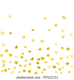 Valentines day card with gold glitter hearts. February 14th. Vector confetti for valentines day card template. Grunge hand drawn texture. Love theme for party invite, retail offer and ad.