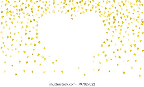 Valentines day card with gold glitter hearts. February 14th. Vector confetti for valentines day card template. Grunge hand drawn texture. Love theme for flyer, special business offer, promo.