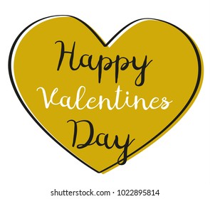 Valentines day card with gold heart. Handmade font. Isolated on white background. Vector illustration. Eps 10