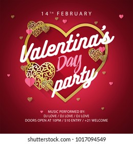 Valentine's day card. Gold hearts on bright background with text. Can be used for celebrations, wedding invitation, mothers day, valentines day, poster, flyer, card, T-shirt.