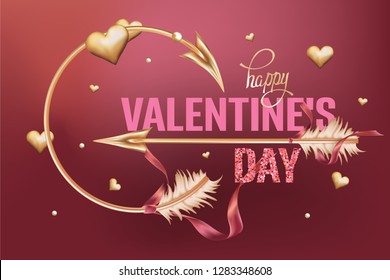 Valentine's Day card with gold hearts and arrows. Vector illustration