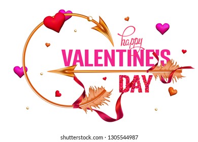 Valentine's Day card with gold hearts and arrows with ribbons. Vector illustration