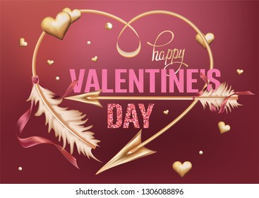 Valentine's Day card with gold hearts and  heart shaped arrow. Vector illustration