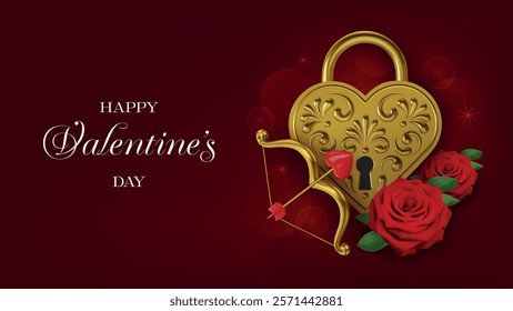 valentine's day card with golden 3d padlock, red roses and cupid bow. valentine banner