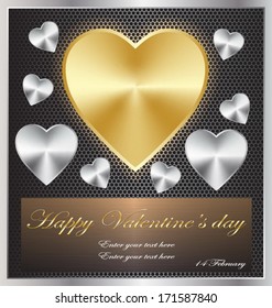 Valentine's day card : Golden/silver hearts on grill background.