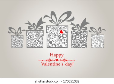 Valentine's Day Card. Greeting card.Celebration background with gift boxes and place for your text. Vector Illustration 