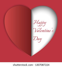 Valentines Day Card with half folded paper heart decorated with red greeting text inside. Paper cut style. Wedding, greeting and invitation card design.