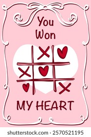 Valentines Day card with hand draw frame and cute elements. Vintage Love concept. Vector illustration in pink red colors. Card, postcard, print.