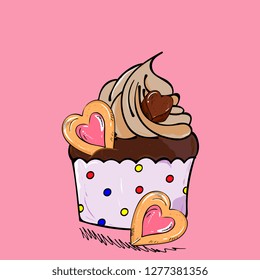 Valentines day card hand drawing. Appetizing cupcake with a symbol of Valentine's Day hearts. Sweets hearts, candies, cookies, chocolate. for greeting cards,  invitations, posters, stickers,  t-shirt 