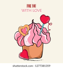 Valentines day card hand drawing. Appetizing cupcake with a symbol of Valentine's Day hearts. Sweets hearts, candies, cookies, chocolate. for greeting cards,  invitations, posters, stickers,  t-shirt 