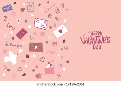Valentine's day card with hand drawn doodle hearts, flowers, envelopes, letters, birds and calligraphy lettering. Cute vector design for Valentine day greeting cards, web banners, art print.