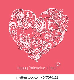 Valentines day card with hand drawn floral heart. Vector 