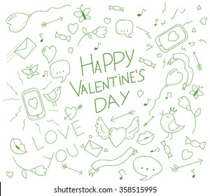 Valentines day card with hand drawn doodles. Lips, birds, phone, mail, heart, arrows and ribbons. Romantic card. Vector illustration. 