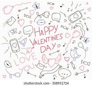 Valentines day card with hand drawn doodles. Lips, birds, phone, mail, heart, arrows and ribbons. Romantic card. Vector illustration. 