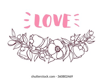 Valentines Day card with hand drawn botanical flower branch illustration. Artistic greeting card. Great for wedding invitation, birthday cards, postcards, banners, logo