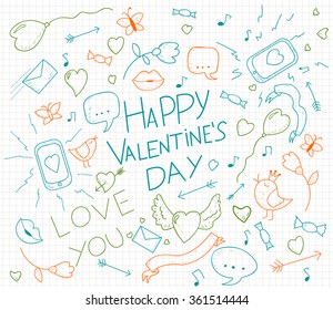 Valentines day card with hand drawn doodles. Lips, birds, phone, mail, heart, arrows and ribbons. Vector illustration. 