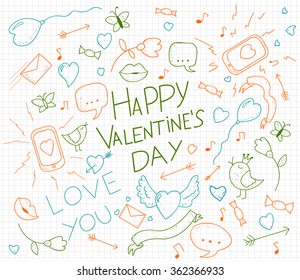 Valentines day card with hand drawn doodles. Lips, birds, phone, mail, heart, arrows and ribbons. Vector illustration. 