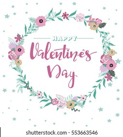 Valentine`s Day card with hand drawn wreath. Vector illustration.