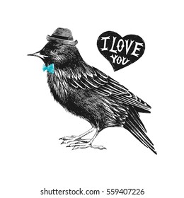 Valentines day card with hand drawn starling and heart