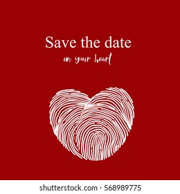 Valentines Day card with hand drawn hearts, fingerprint in heart shape. Red vector background