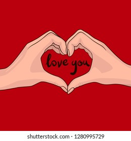 Valentine's day card with hand making heart sign and typography lettering phrase love you on the red background. Сalligraphy inscription "love you" and sign hand shape heart.