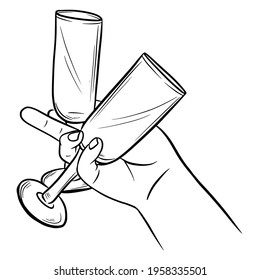 Valentine's day card. Hand with two glasses for champagne. Isolated illustration on a white background.