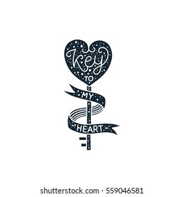 Valentines day card and handdrawn letters  Key to my heart  Vector typography poster  stamp design  line art  tattoo romantic quote