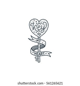 Valentines day card and handdrawn letters  Key to my heart  Vector typography poster  stamp design  line art  tattoo romantic quote
