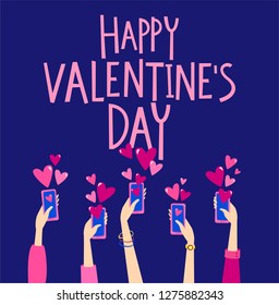 Valentine's Day card with hands holding smart phone with hearts in flat cartoon style. Social media communication concept