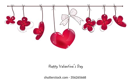 Valentine's Day card with hanging abstract red flowers and heart vector background